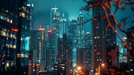 Aerial View of City at Night From Hilltop, New Year