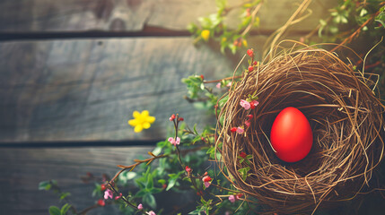 Birds Nest With Red Egg - obrazy, fototapety, plakaty
