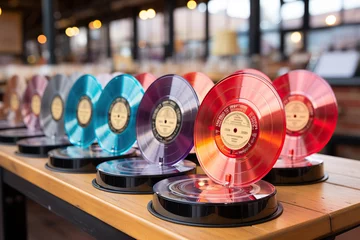 Papier Peint photo Magasin de musique Translucent colored vinyl records displayed on stands in a modern music shop