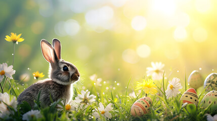 Fototapeta na wymiar Bunny Sitting in Grass With Eggs