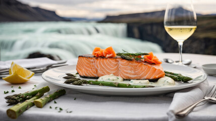 portion of smoked salmon steak and asparagus in a white plate on a white tablecloth in front of Icelandic waterfalls - obrazy, fototapety, plakaty