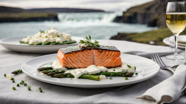 portion of smoked salmon steak and asparagus in a white plate on a white tablecloth in front of Icelandic waterfalls