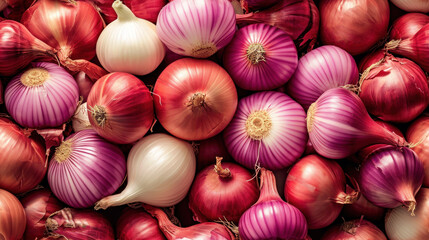  a pile of onions sitting next to each other on top of a pile of other onion's next to a pile of other onion's on a table.