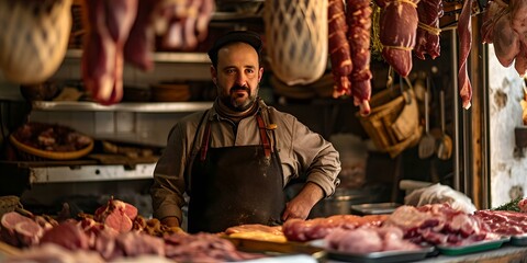 Traditional butcher shop display with artisan butcher. fresh cuts of meat, quality produce. local market scene. AI
