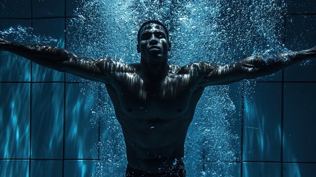 African american athlete diver dived underwater. Jump into the pool water. - Powered by Adobe