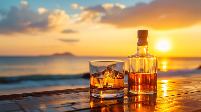 
Bottle and glass of Whisky on a table with beach sea and sunset in background