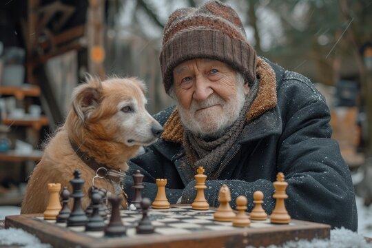 Under the warm sun, a skilled man and his loyal dog engage in a battle of wits and strategy on a chessboard, their intense concentration mirrored in the precision of the chessmen