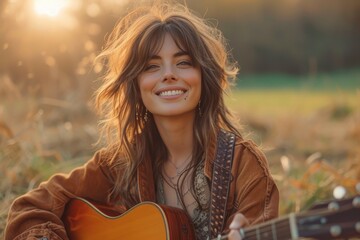 A young woman basks in the sun, her vibrant smile reflecting the music in her soul as she strums her acoustic guitar in a peaceful field - obrazy, fototapety, plakaty