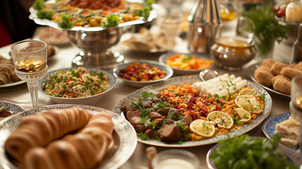 Many kinds of foods and appetizer on the dining table. Fasting concept with iftar table. Traditional foods.