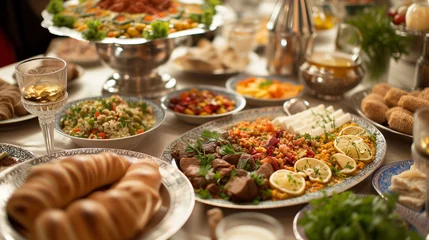 Foto op Canvas Many kinds of foods and appetizer on the dining table. Fasting concept with iftar table. Traditional foods. © evgenia_lo