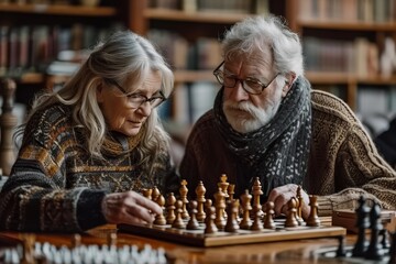 A tense match of strategic wits ensues as a man and woman engage in a fierce game of chess, their focused expressions and calculated moves mirroring the intense competition on the intricate chessboar - obrazy, fototapety, plakaty