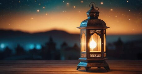 Traditional Islamic lanterns stand against a starry sky in the background. Signifies the coming of Ramadan.