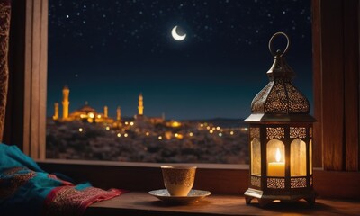 Traditional Islamic lanterns stand against a starry sky with moon in the background. Signifies the coming of Ramadan.