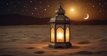 Traditional Islamic lanterns stand against a starry sky with moon in the background. Signifies the coming of Ramadan.
