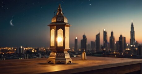 Traditional Islamic lanterns stand against the backdrop of a night city and starry sky with moon. Signifies the coming of Ramadan.