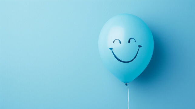 
Blue smiling face balloon isolated on blue background with copy space , boy kid birthday card backdrop or blue monday concept image