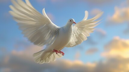 Obraz premium White dove in flight against the backdrop of a beautiful sky.