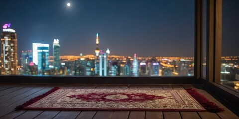 traditional prayer mats on the background of the night city and starry sky. Signifies the coming of Ramadan.