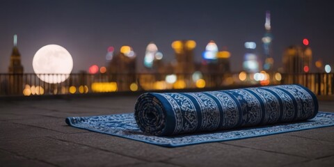 traditional prayer mats on the background of the night city and starry sky with the moon. Signifies the coming of Ramadan.