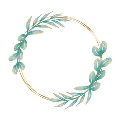 Watercolor floral wreath frame with gold glitter