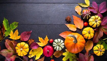 autumn frame with cute colorful leaves and pumpkins thanksgiving and harvest day trendy black wooden background with beautiful leaves fall leaf border with copy space