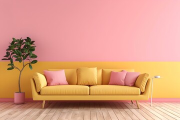Bright modern living room interior with yellow sofa. pink and yellow wall design. contemporary furniture style. home decor scene. AI