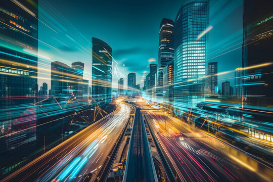An image capturing the essence of urban dynamism with streaking traffic lights and digital connectivity graphics overlaying a modern cityscape.
