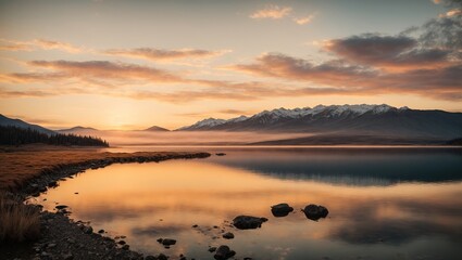 Fototapeta premium Sunset at a calm mountain lake