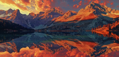 Sunset Reflection on Lake, Mountain Range at Sunset, Glowing Sky Over Mountain Lake, Peaceful Scenery of Mountains and Water.