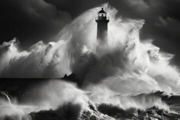 The Mighty Waves, Lighthouse Amidst the Storm, The Guardian of the Sea, Nature's Fury Captured.