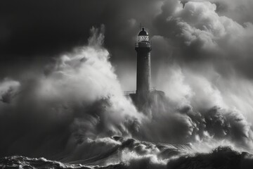 The Lighthouse Amidst the Stormy Seas, A Beacon of Light in the Darkness, Surviving the Fury of Nature, The Enduring Strength of a Lighthouse.