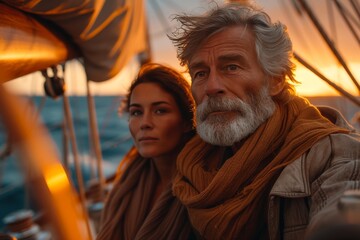 Obraz na płótnie Canvas A ruggedly handsome man and a serene woman navigate the open waters, their faces framed by wind-whipped hair and the vast expanse of the sea behind them