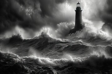 Raging Seas, Lighthouse Amidst the Storm, The Power of Nature, Towering Over Turbulent Waters.