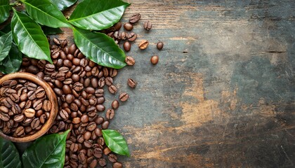 roasted coffee beans with green leaves on a vintage background top view with copy space