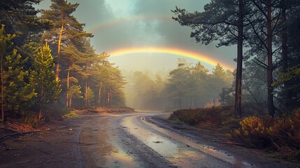 Obraz premium Dirt Road With a Rainbow in the Background, Spring