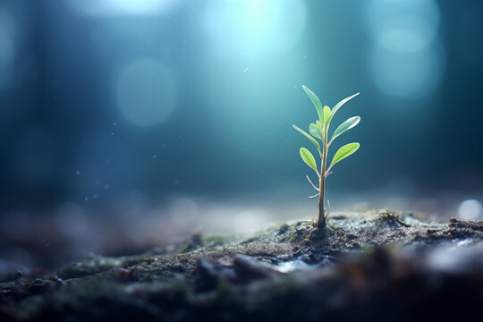 The arrival of spring with green sprout growing from ground and winter in background