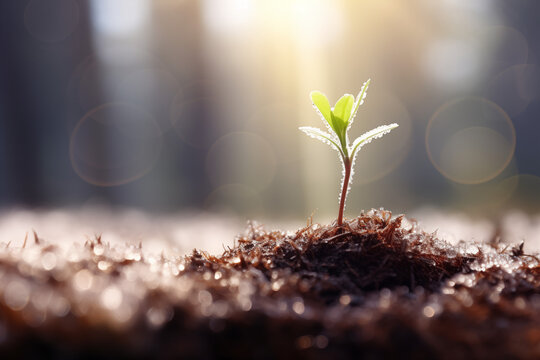 The arrival of spring with green sprout growing from ground and winter in background