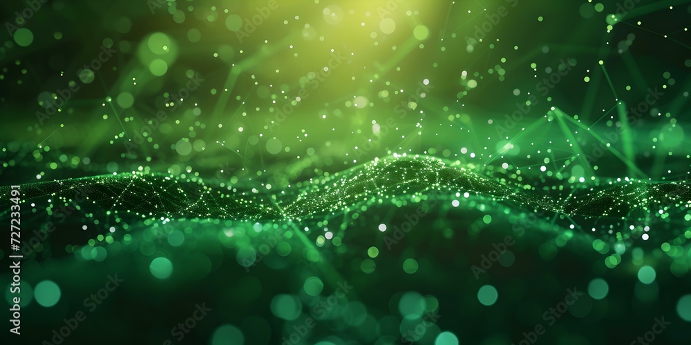Poster abstract green digital landscape with sparkling particles. futuristic tech background concept. evoke