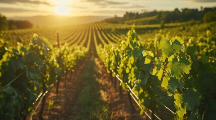 Fototapeta premium Sunlight Filters Through the Vines in a Lush Vineyard, Summer Day
