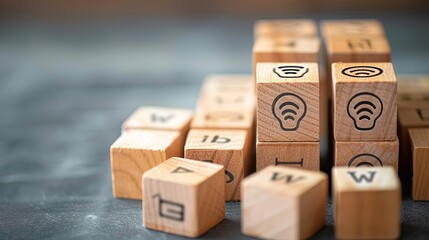 Conceptual image of wood block with symbol of internet and wifi, ai generative