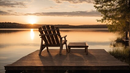  wooden chair on a wood pier overlooking a lake at sunset - obrazy, fototapety, plakaty