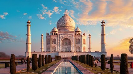 The Taj Mahal at sunrise in Agra, Uttar Pradesh, India. AI generative - obrazy, fototapety, plakaty