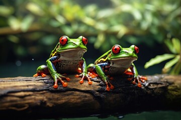Two red-eyed tree frogs sitting on a wood in water 