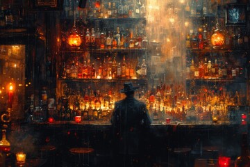 Amidst the bustling city streets at night, a solitary figure stands in a dimly lit bar, surrounded by bottles lining the shelves, lost in thought
