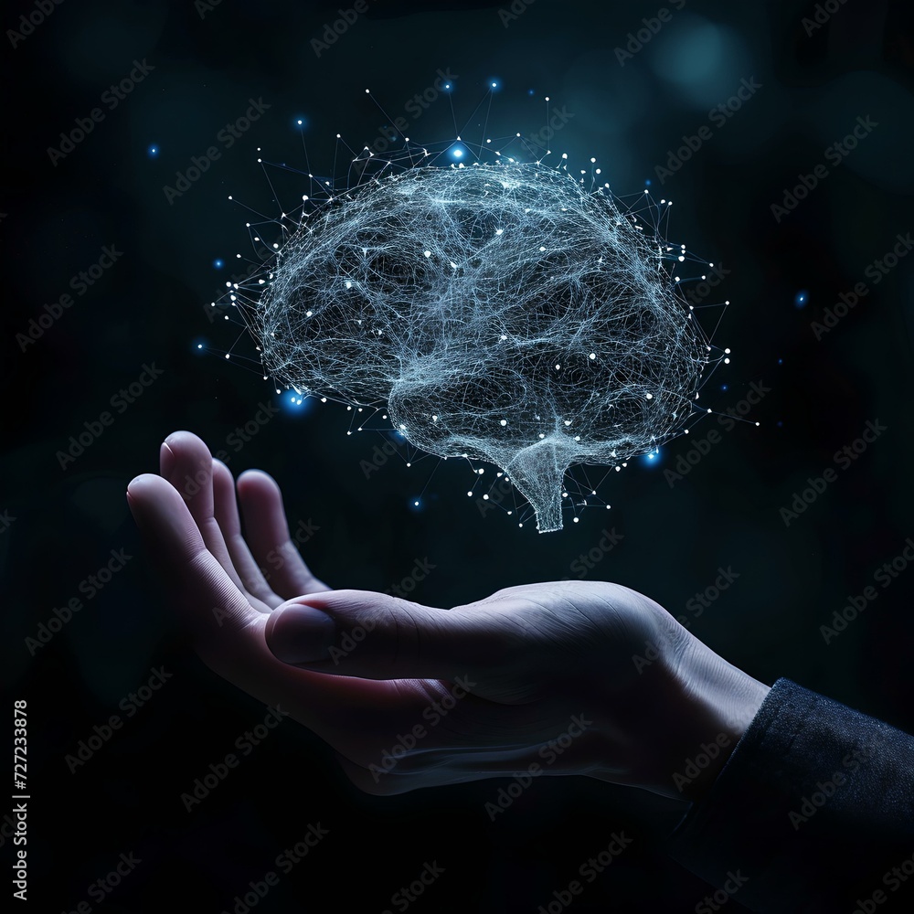 Poster mystical hand holding a glowing, digital brain network. conceptual technology and ai image with a fu