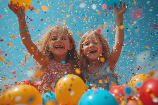 Joyful girls embrace the moment, surrounded by colorful confetti and playful balloons, radiating pure happiness and carefree fun