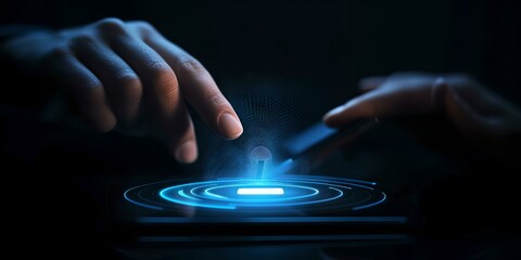 Futuristic interface interaction concept with human hand. user touching glowing holographic screen. technology and innovation theme. AI