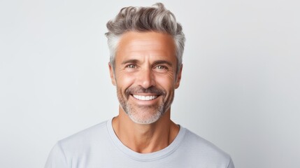 Obraz premium attractive middle aged man in white mock-up T-Shirt, looking into camera