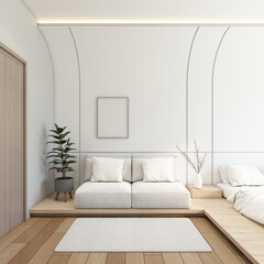 Modern japan style tiny room decorated with minimalist sofa and white curved wall. 3d rendering