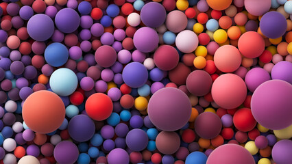 Background with many colored big and small random spheres. Colorful matte soft balls in different sizes. Flat lay with lots of different colored orbs. Vector background